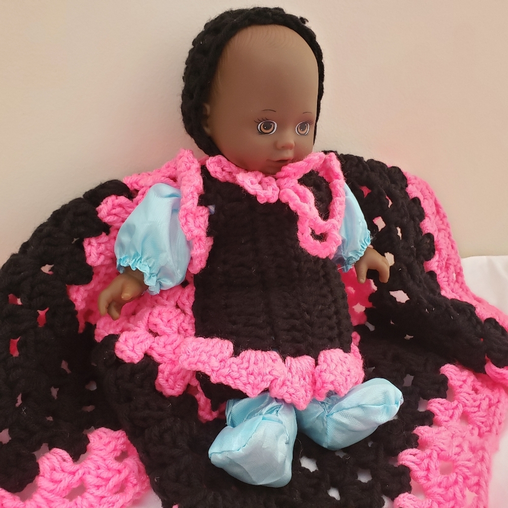 Sweet Baby Doll In Pink and Black Crochet Doll Blanket Attached Cape